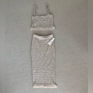 SET: Aqua Cotton Crochet Fringe Trim Midi Skirt & tank top